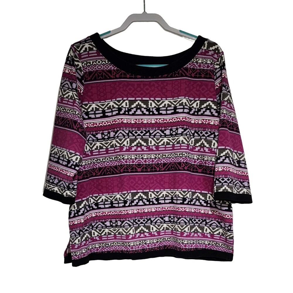 Kim Rogers Womens Cotton 3/4 Sleeve Top Purple Tribal Contrast Trim Size 2X